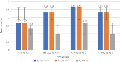 Effects of varying NPK (N) fertilizer and Biochar (B) application rates on the fruit number of zucchini.