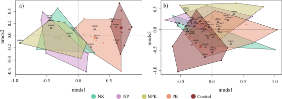 This figure presents two Non-metric Multidimensional Scaling (NMDS) ordination plots showing the composition of weed communities under five fertilization treatments (NK, NP, NPK, PK, and Control). Panel (a) represents the realized flora, while panel (b) represents the potential flora. The axes (NMDS1 and NMDS2) represent the main gradients of variation in species composition. Individual points represent vegetation surveys conducted in 50 × 50 cm quadrats. Species are represented by triangles labelled with EPPO species codes. The centroid of each treatment group is shown as a larger coloured dot. In panel (a), communities tend to cluster according to fertilization treatment. The PK and Control treatments are positioned on the right side of the ordination space, indicating similar community composition. NK, NP, and NPK treatments are distributed more toward the centre and left side of the plot, showing partial overlap but still forming distinguishable groups. In panel (b), the distribution of communities shows greater overlap among treatments. The polygons representing the five treatments largely intersect, indicating that potential weed communities are more similar across fertilization treatments than the realized communities observed in the field.
