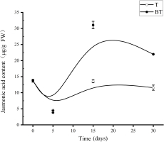 A line graph illustrating the changes in jasmonic acid (JA) content in the root system over a 30-day period under different wound treatments. The x-axis represents time in days (0, 5, 15, and 30), and the y-axis represents JA content in ng/g. The graph compares the T group (with wound healing agent) and the BT group (without agent). It visually shows that JA content in both groups initially drops at day 5, but the T group experiences a sharp and continuous increase thereafter, reaching a significantly higher peak at day 30 compared to the BT group, which remains relatively flat.