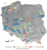Map of Poland showing known localities of Entoloma conferendum (black dots) overlaid on mesoregions (codes per Solon et al., 2018; details in Appendix A).