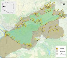A map of the Warta River Mouth National Park and its buffer zone, with marking of the research sites. Their numbering is consistent with the text. Sites are located primarily on the park's outskirts and within the buffer zone. A contour map of Poland is in the corner of the illustration, showing the location of the study area, just off the country's western border.