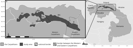 Figure 1 shows a greyscale map of the study area. The image on the right shows the entire Carpathians (medium grey) against the background of the Carpathian countries and the location of the study area within the Carpathians (dark grey). The image on the left shows the study area within the Polish Carpathians. National borders are marked with a white line, and border between the Western and Eastern Carpathians is marked with a black dotted line.