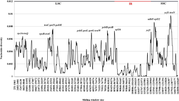 The figure presents an analysis of nucleotide diversity across the plastid DNA (pDNA) genome of 30 Ferula species using a sliding window approach. Nucleotide diversity values are plotted along the length of the genome, with each value calculated using a window size of 800 base pairs and a step size of 200 base pairs. The horizontal axis represents the position along the plastid genome, while the vertical axis shows the level of nucleotide diversity. Peaks in the plot indicate genomic regions with higher sequence variation among the analyzed species, whereas lower values represent more conserved regions. This analysis highlights areas of the plastid genome that exhibit greater genetic variability across the Ferula species.