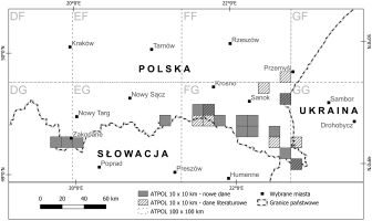 Mapa przedstawiająca południową część Polski, z zaznaczonymi ciemnym kolorem kwadratami (polami 10 x 10 km), w których odnaleziono w latach 2010-2024 porost Multiclavula mucida.